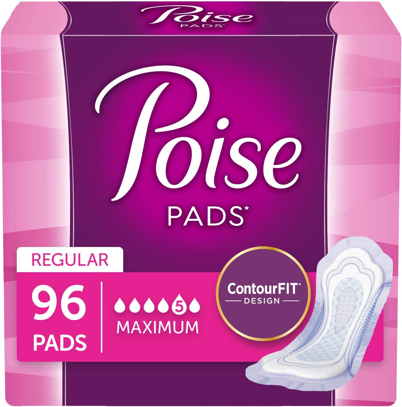 Poise Incontinence Pads, Maximum Absorbency, Regular Length, 96 Count (2 Packs of 48) (Packaging May Vary): Health & Personal Care