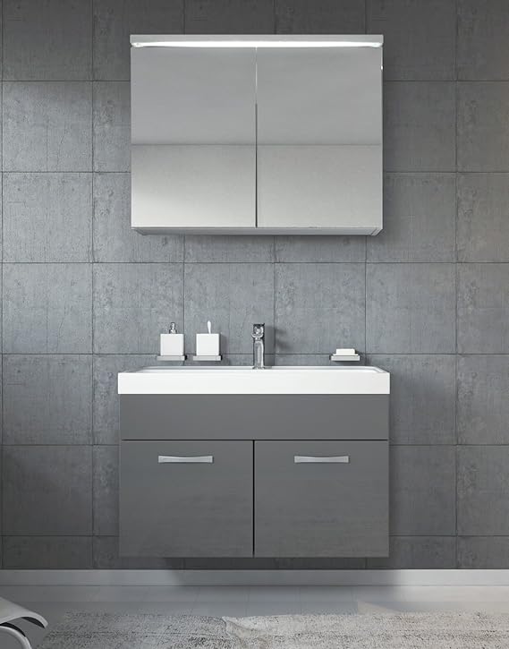Badezimmer Badmöbel Set Paso 02 80 cm Waschbecken Hochglanz Grau Fronten - Unterschrank Schrank Waschbecken Spiegelschrank Sc