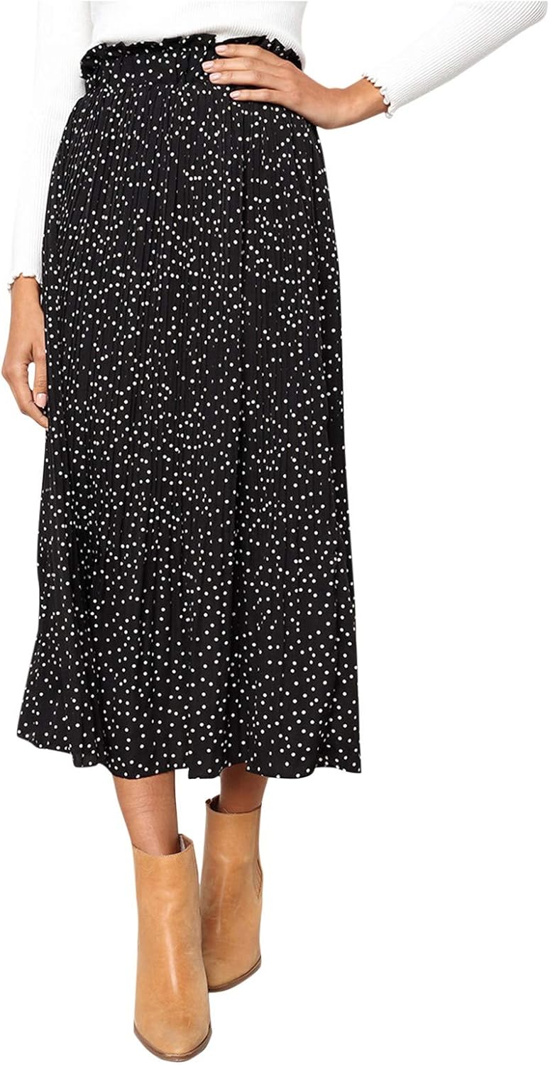 Women's polka dot cute and elegant pleated skirt, long skirt Black One size Amazon.co.uk