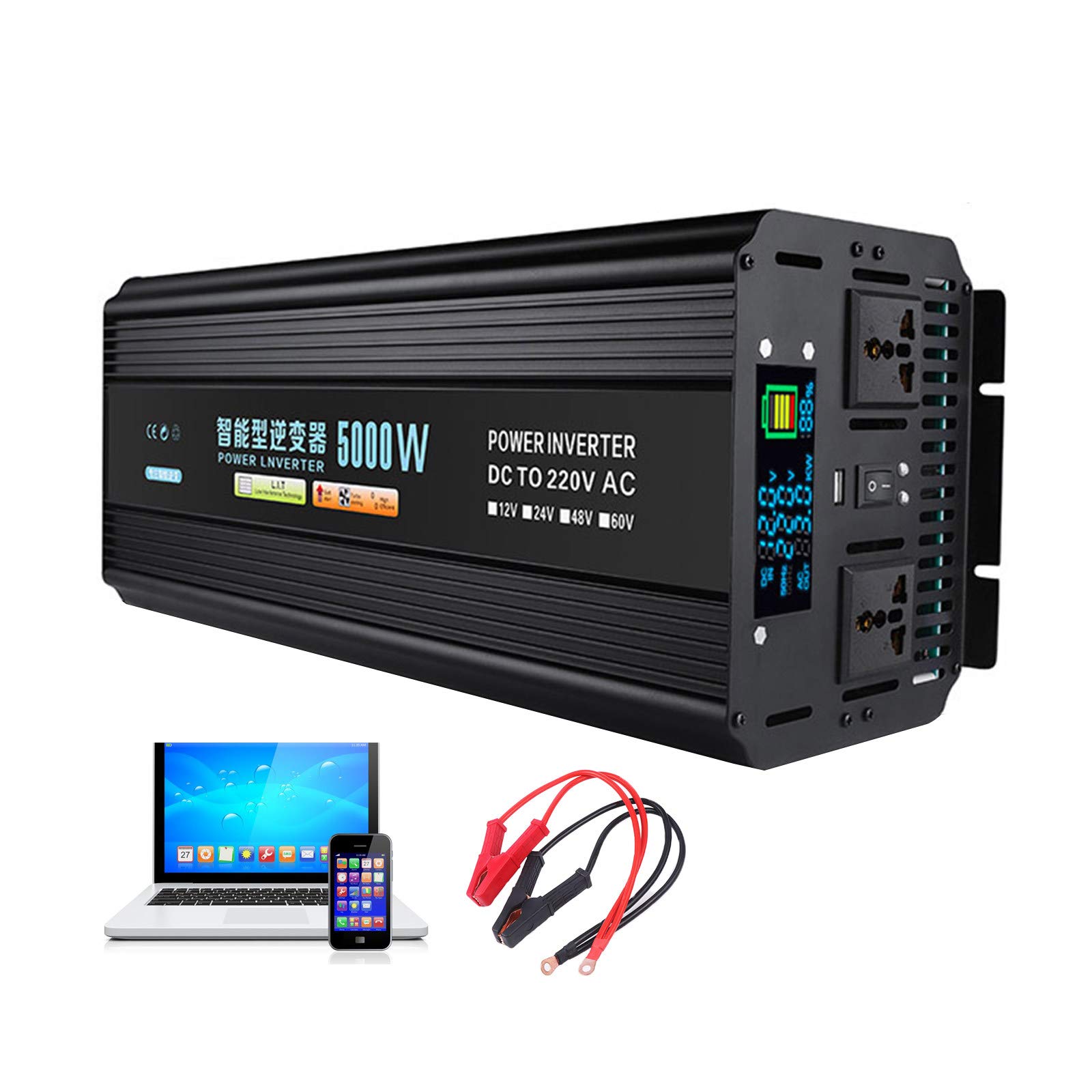 FANGX High-Power Sine Wave Home Car Inverter USB Interface/LED Digital Display, 5000W12V