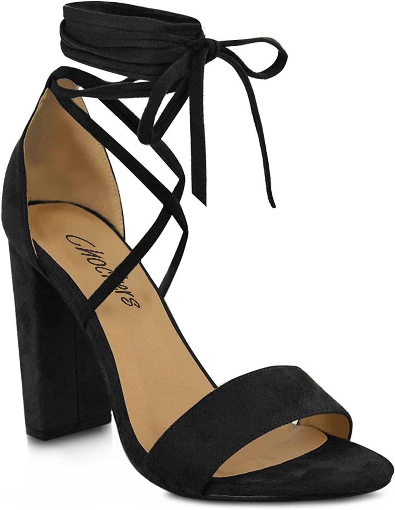 Chockers Shoes® Womens Ladies Faux Suede Ankle High Strappy Lace Up Peep Toe Block Heel Tie Sandal
