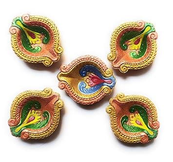 Diya : Clay Diya, mitti ka Diya, Diyas for Diwali, Handmade, Hand Painted Deepak (5 Pieces Set) for Diwali & Navratri Puja