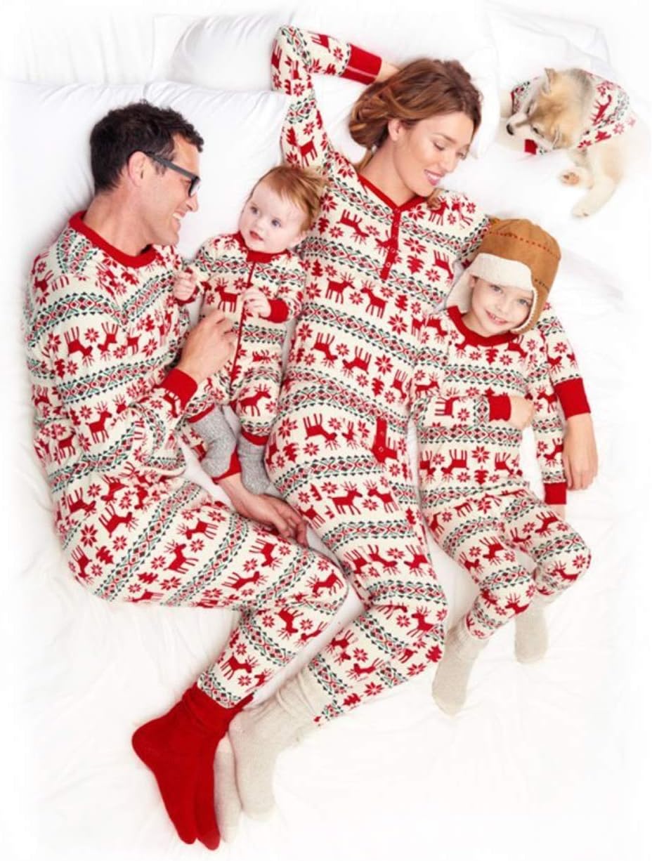 Chof Family Christmas Pajamas Set Reindeer Print Matching PJ Long Sleeve Sleepwear Clothes for Whole Family