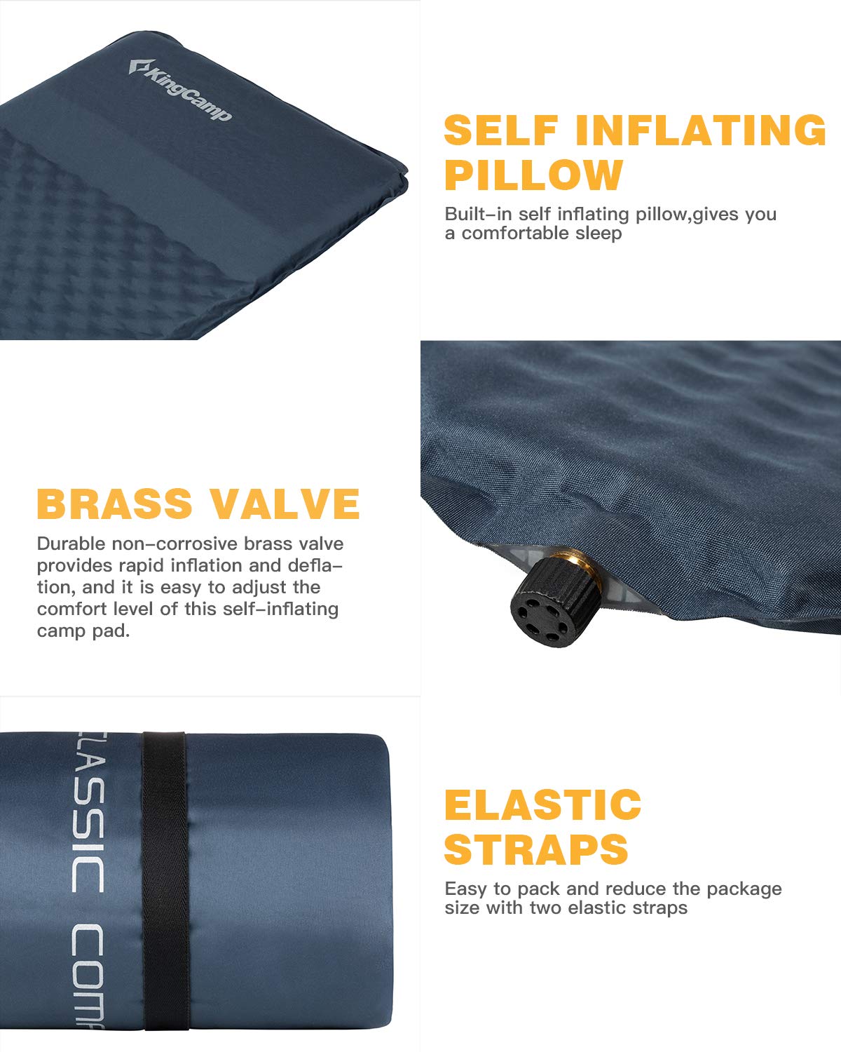 KingCamp CLASSIC Light Comfort Self-Inflating Camping Sleeping Pad with Built-in Pillows
