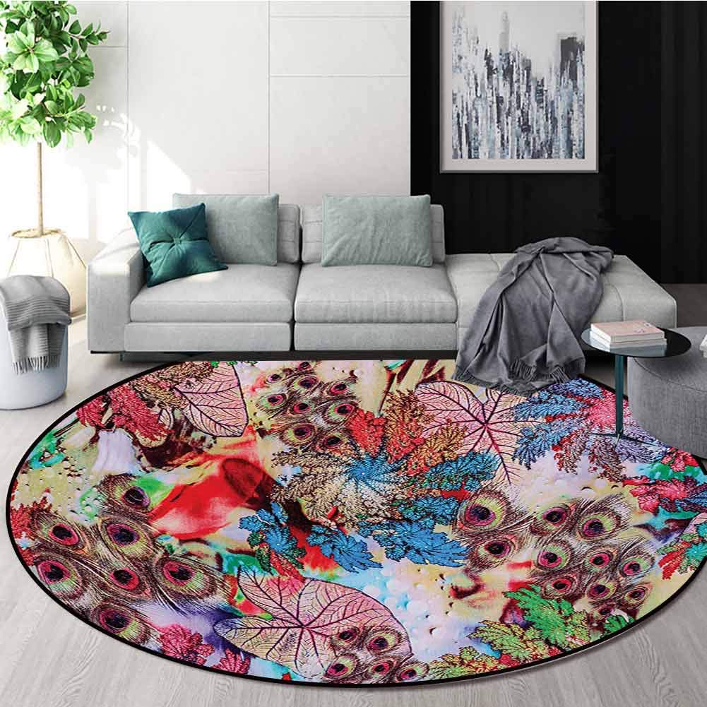 RUGSMAT Peacock Round Area Rug,Colorful Floral Artwork with Peacock Feather Patterns and Leaves Art Print Living Dinning Room & Bedroom Rugs,Round-71 Inch Green Blue Red