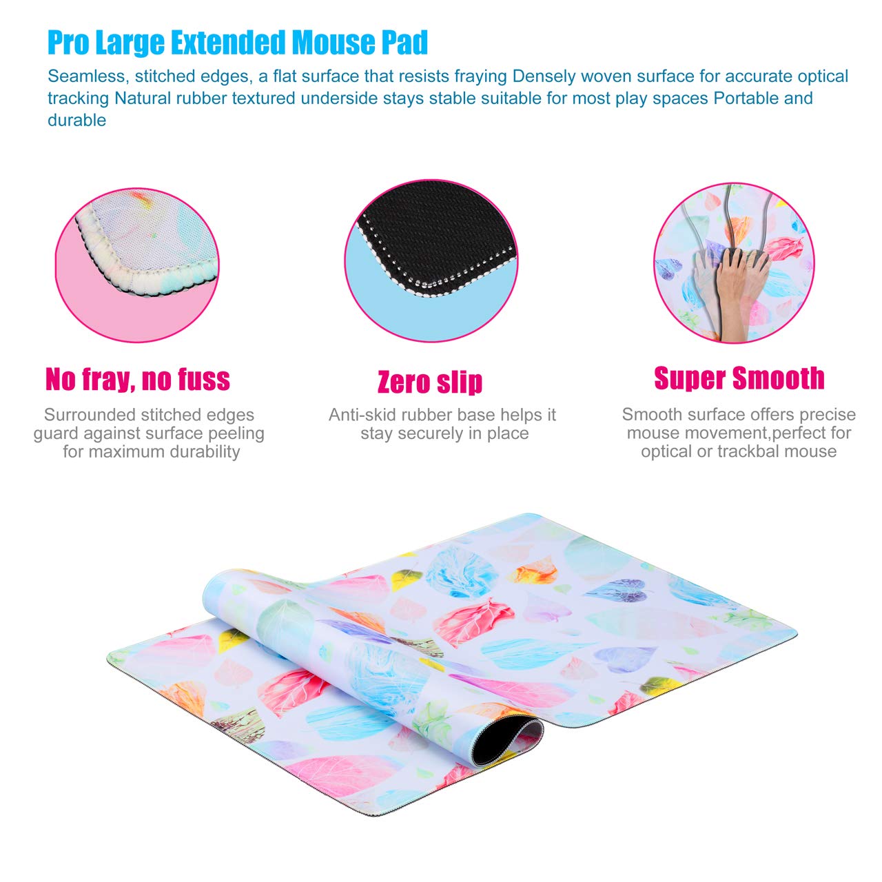 Large Gaming Mouse Pad Extended MousePads Keyboard Pad Water-Resistant Desk Pad, Full Desk Writing Mat with Non-Slip Stitched Edges XXL-Leaves Design