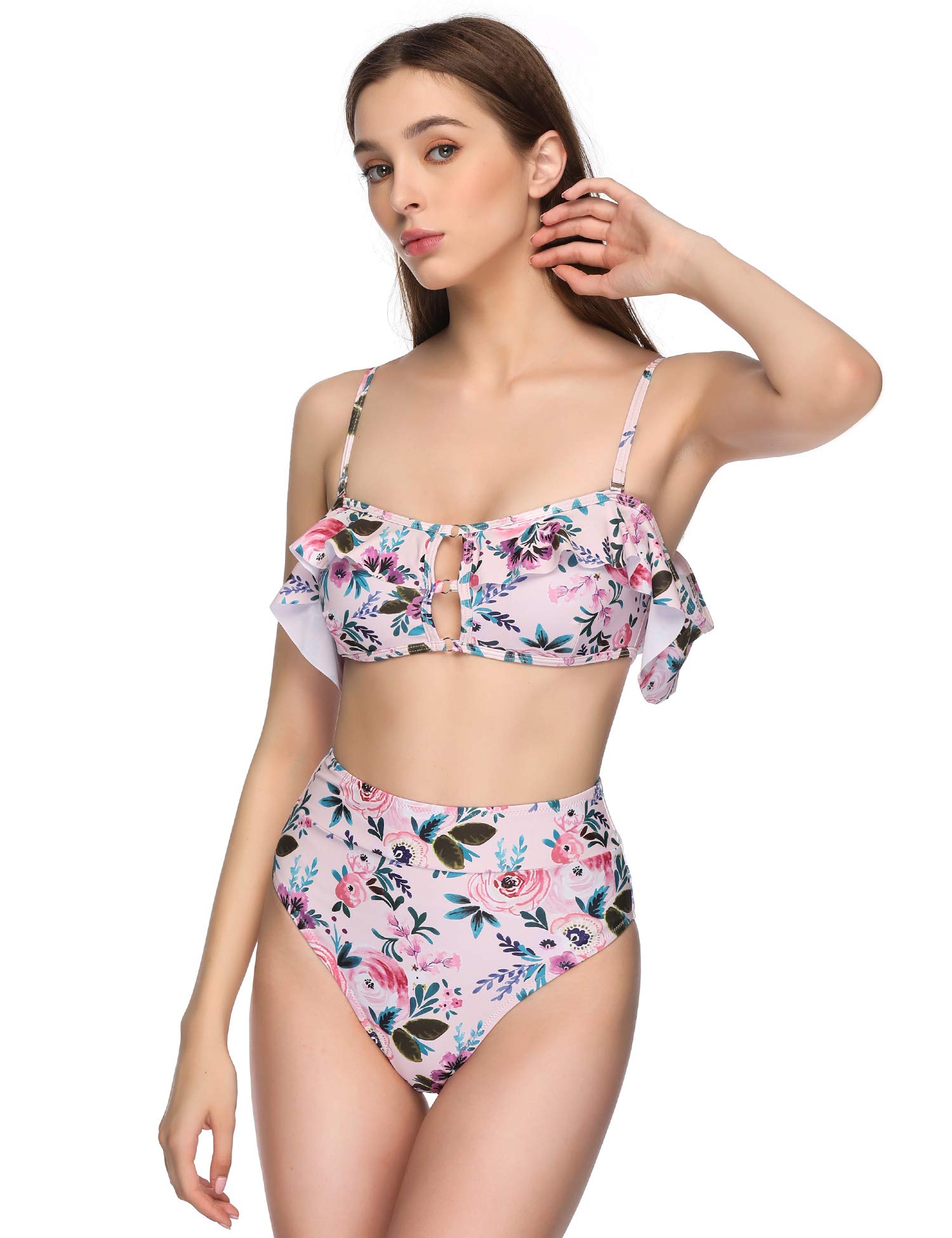 Verano Playa Women Bikini Swimsuits Two Piece Off Shoulder Bandeau Crop Ruffled Flounce Top High Waisted Bottom Bathing Suit