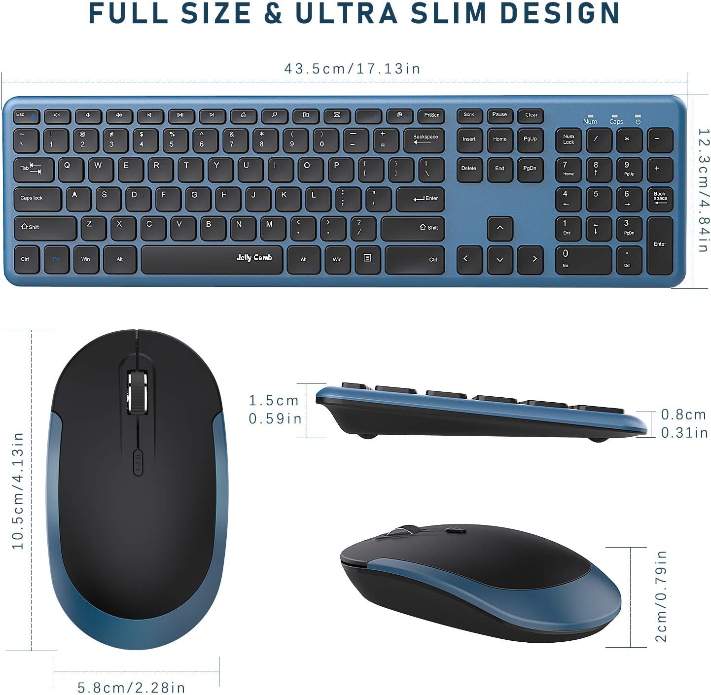 Wireless Keyboard and Mouse, Jelly Comb 2.4GHz Ultra Thin Full Size Wireless Keyboard Mouse Combo Set with Number Pad for Computer, Laptop, PC, Desktop, Notebook, Windows 7, 8, 10 (Sapphire Blue): Computers & Accessories