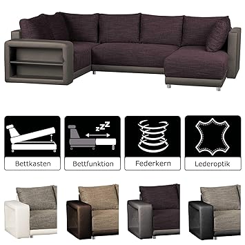 CAVADORE Wohnlandschaft Irriba, Ottomane beidseitig montierbar / Großes Schlafsofa im Materialmix mit Kunstleder / Inkl. Bett