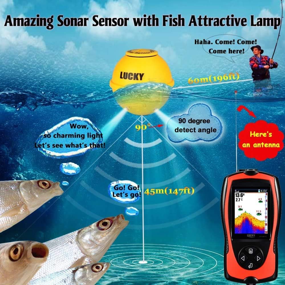LUCKY Portable Fish Finder Transducer Sonar Sensor 147 Feet Water Depth Finder LCD Screen Echo Sounder Fishfinder with Fish Attractive Lamp for Ice Fishing Sea Fishing: Sports & Outdoors