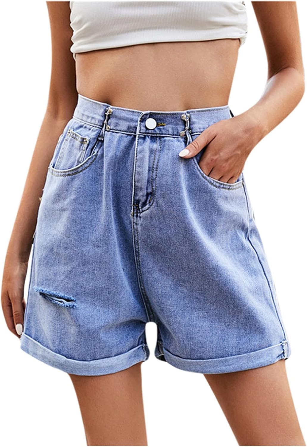 Jeans Damen Shorts High Waist Breite Beine ALinie DenimShorts Retro