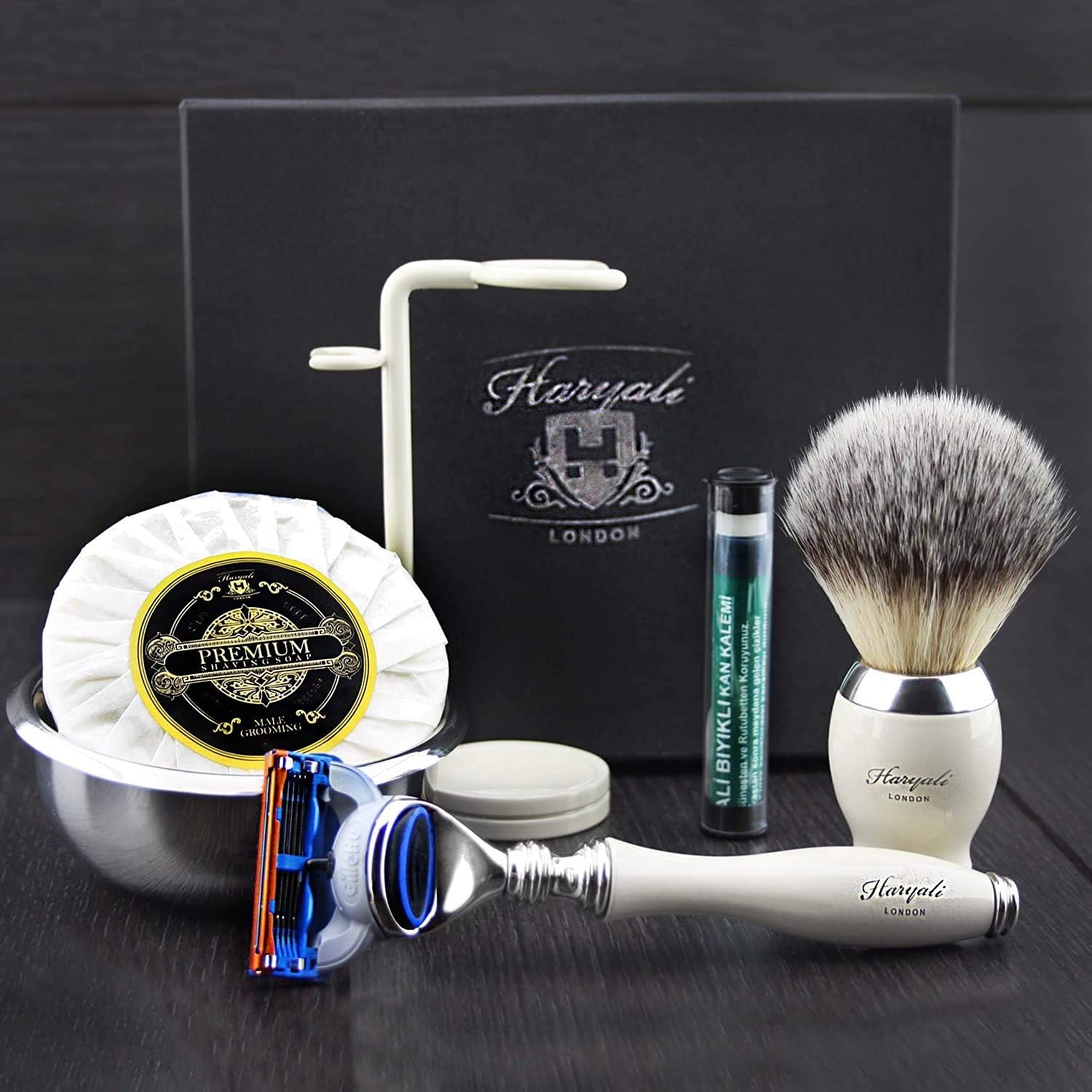 Haryali London 6 Pc Mens Shaving Kit 5 Edge Shaving Razor with Synthetic Badger Hair Brush, Stand, Soap