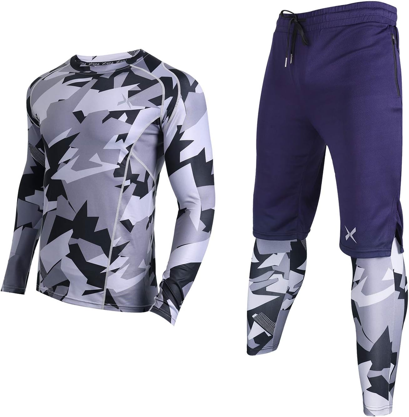 Xtextile Men's Compression Set, Workout Set with Long Sleeve Compression Shirt, Leggings Pants, Loose Shorts for Running