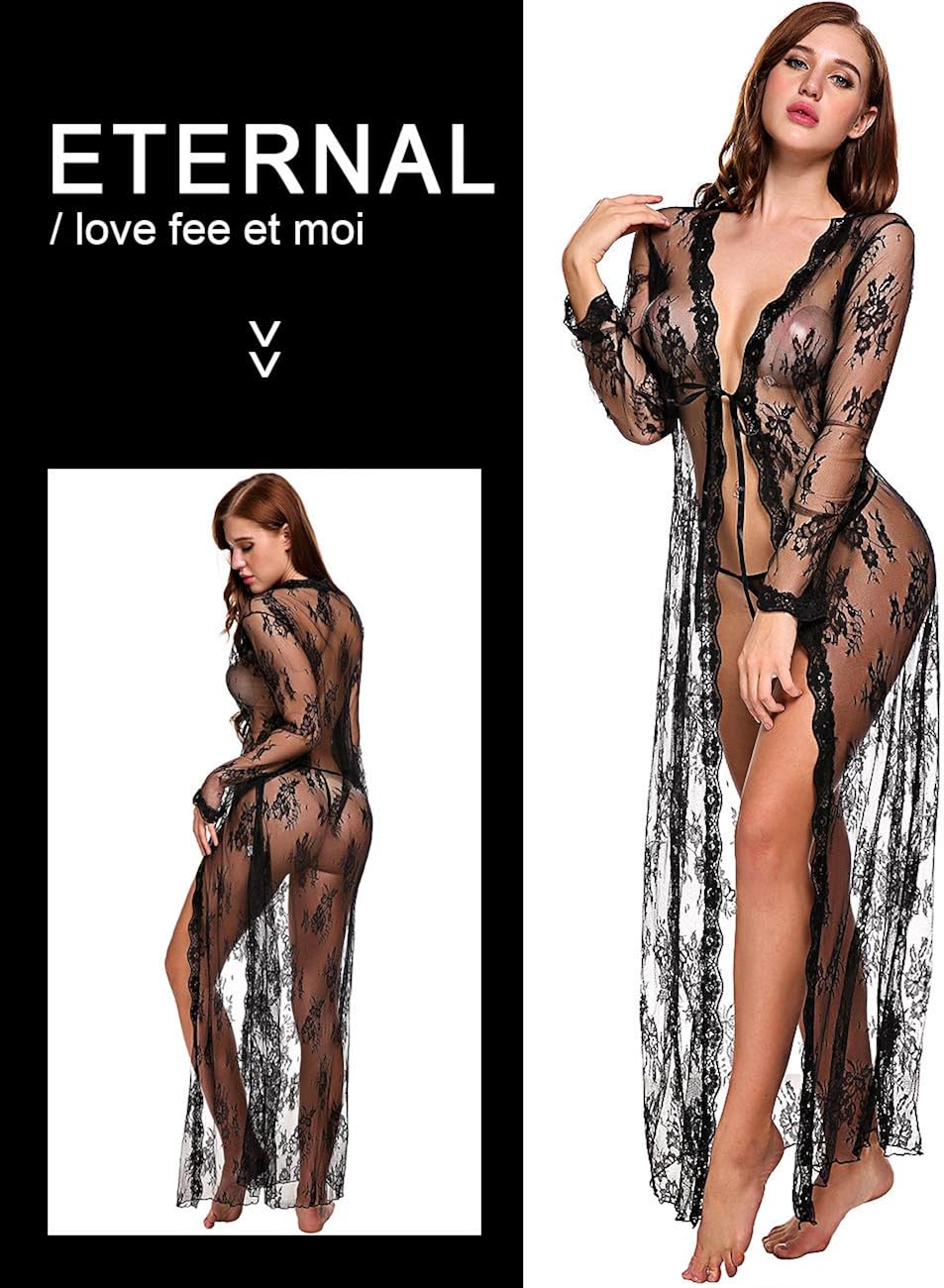 Lingerie for Women Sexy Long Lace Dress Sheer Gown See Through Kimono Robe: Clothing