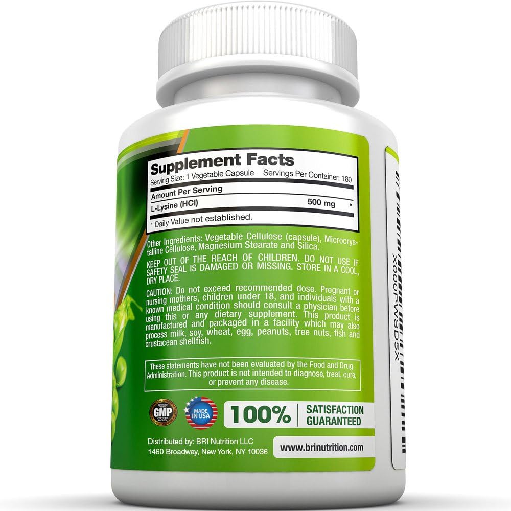 BRI Nutrition L-Lysine 180 Servings Per Bottle - Super 500mg Veggie Capsules: Health & Personal Care
