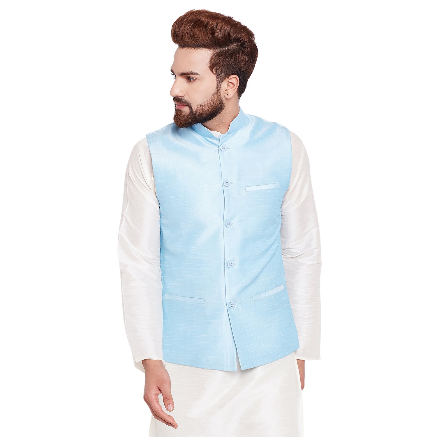 sojanya (since 1958) mens sky blue dupion silk designer only nehru jacket