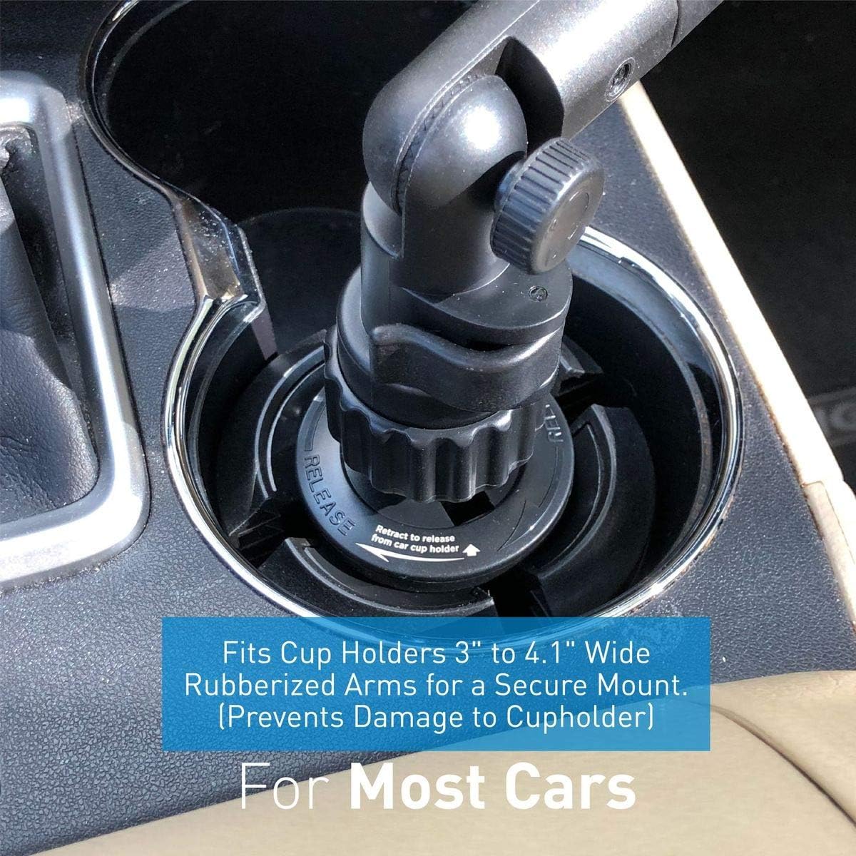 Macally Cup Holder Tray for Car - Enjoy Your Meal and Stay Organized - Adjustable Car Tray Table with 9" Surface, Phone Slot, and 360° Swivel Arm - Car Food Table for Cup Holders 3" to 4.1" Wide