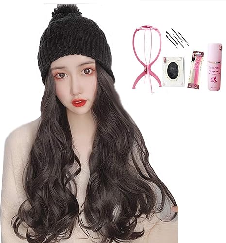 Amazon Co Jp ウィッグフード付きレディースファッションヘアアクセサリーニット帽ウィンターウォームハットロングヘア 高温シルク 4点セット ホーム キッチン
