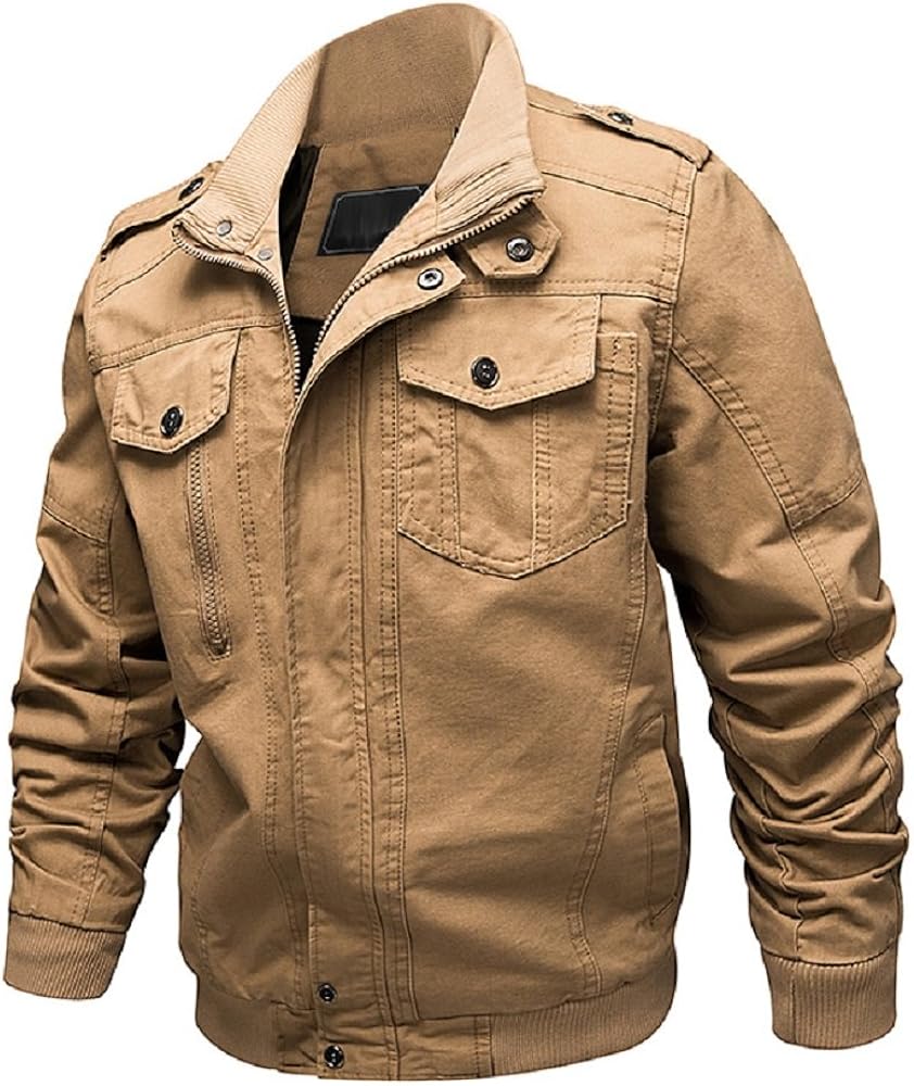 Earth Window Mens Cotton Casual Long Sleeve Stand Collar Military