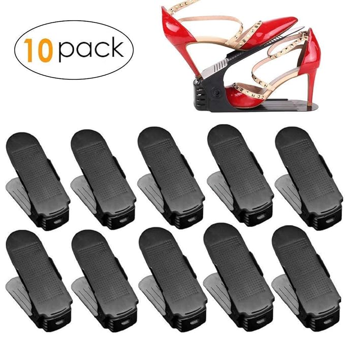 FEMOR Set de 10pcs de Organizadores Ajustables de Zapatos con Ranuras Soportes de Calzado Apilador para Zapatos Ahorro de Espacio Color Negro