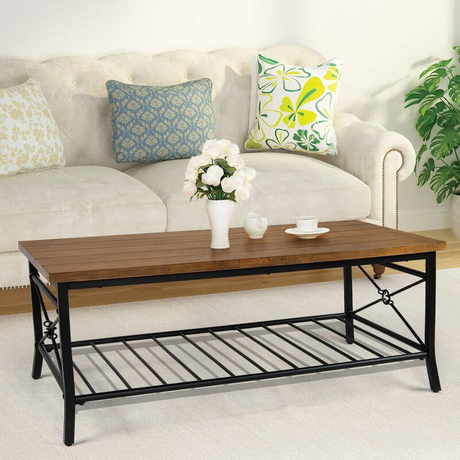 LALUZ Farmhouse Coffee Table with Storage Shelf, 48 Inch Wood Rustic Center Tables with Metal Leg for Living Room, 48