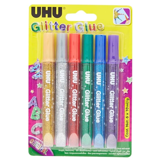 UHU 39040 Glitter Glue (6 Tuben, 10 ml) farblich sortiert