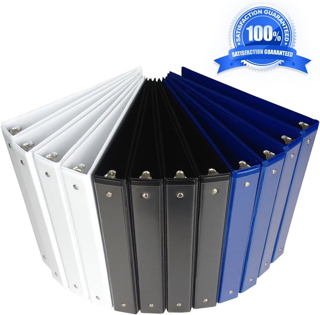 Binder, 1 inch Binders 3 Ring, Durable View Binder, Assorted color Binders(White/Black/Blue), 12pcs/pack