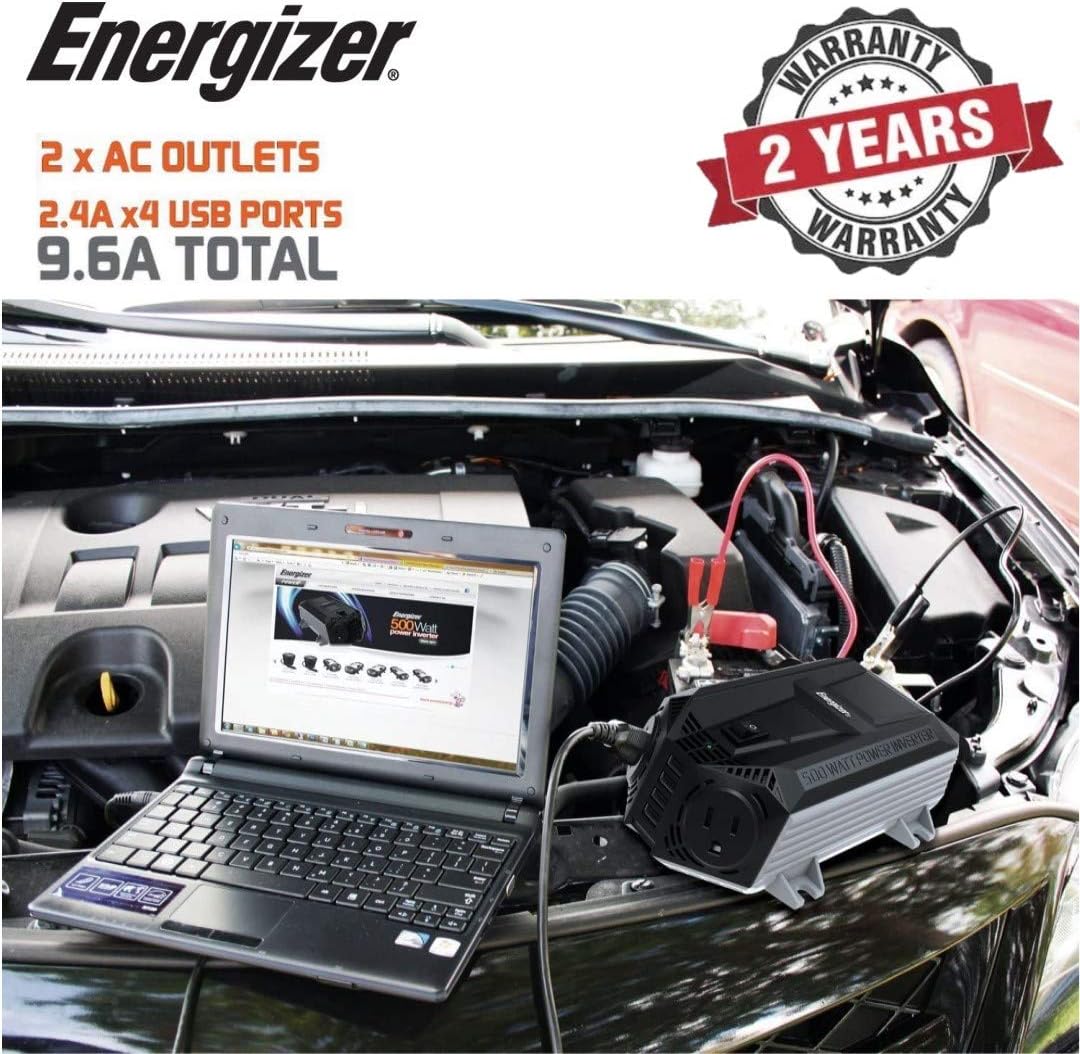 Energizer 500 Watts Power Inverter w/ 48 Watts USB Ports, Modified Sine Wave Car Inverter, DC to AC Converter with Dual 110 Volts AC Outlets and 4 USB Ports 2.4A ea - METLab Approved Under UL Std 458: Car Electronics