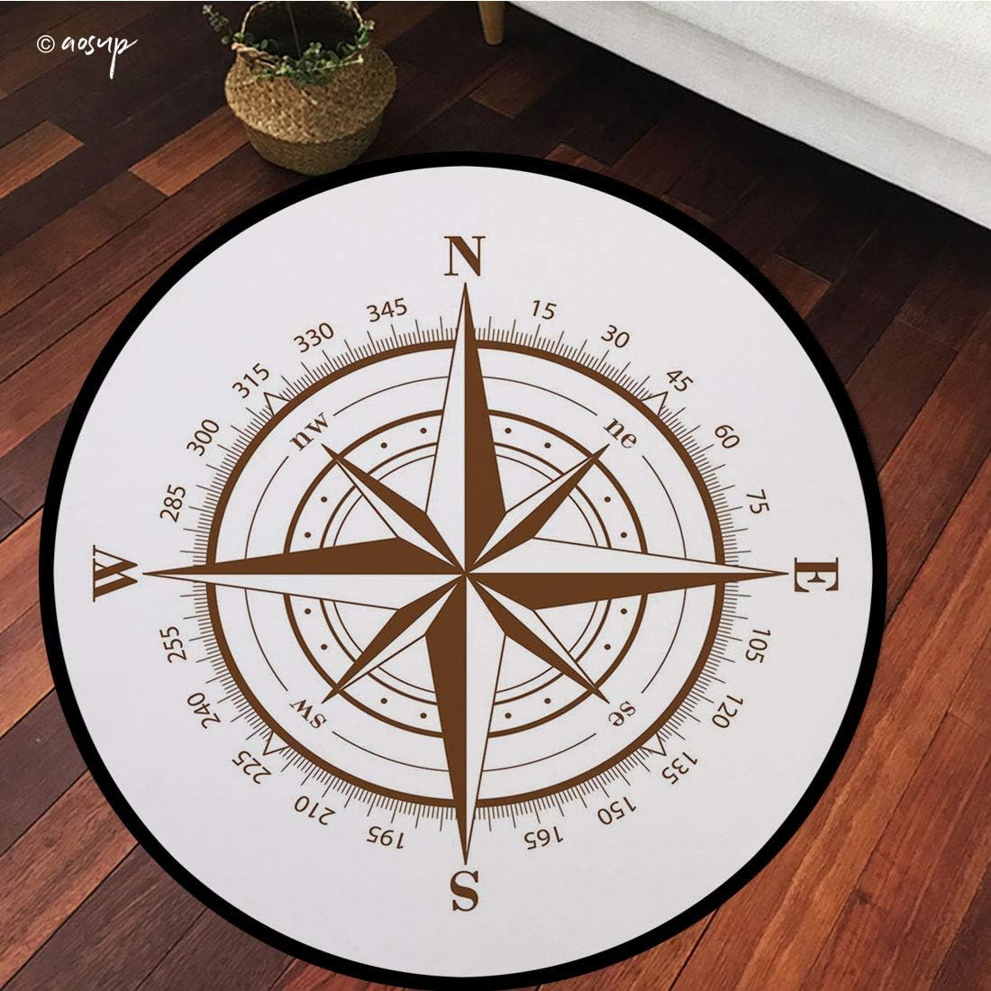 №11285 Round Area Rug Floor Kitchen Carpet, Compass,Seamanship Brown Compass with Windrose and Detailed Angles Directions On The Ocean Print,Brown, for Home Decor