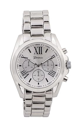 Geneva watches Silver Tone Classic Round Mens Watch. Faux Chronograph Design. Metal Link Band