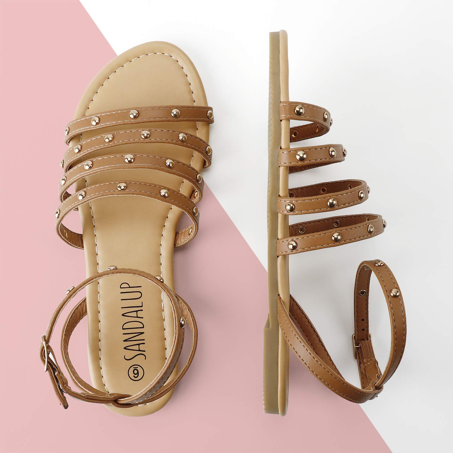 SANDALUP Flat Sandals with Round Rivets and Adjustable Buckle for Women Brown 08
