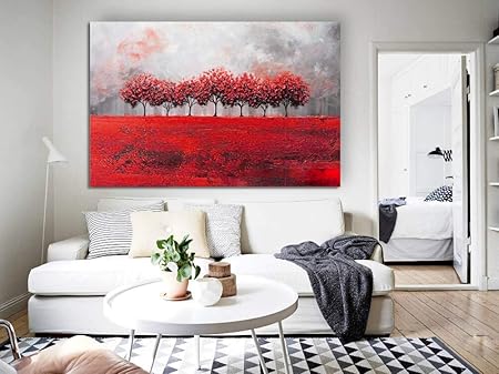 OCWTCH Pintado a Mano Abstracto Rojo Gris Pintura Árbol Paisaje Lienzo