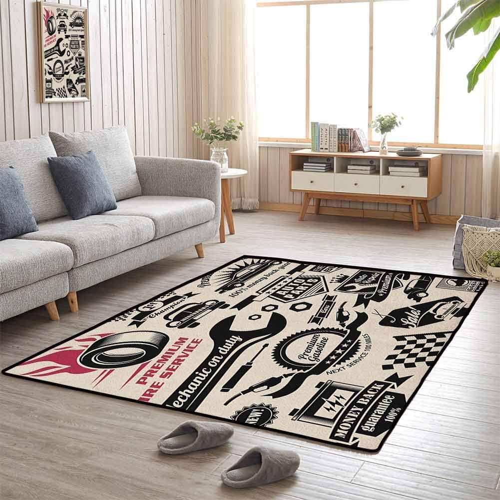 Carpet, Rubber Durable Non Slip Stylish in Design, Super Absorbent for Kids Nursery, Retro | Car Repair Shop Logos Monochrome Car Silhouettes Best Garage in Town - 5'x8' Beige Dark Coral Black