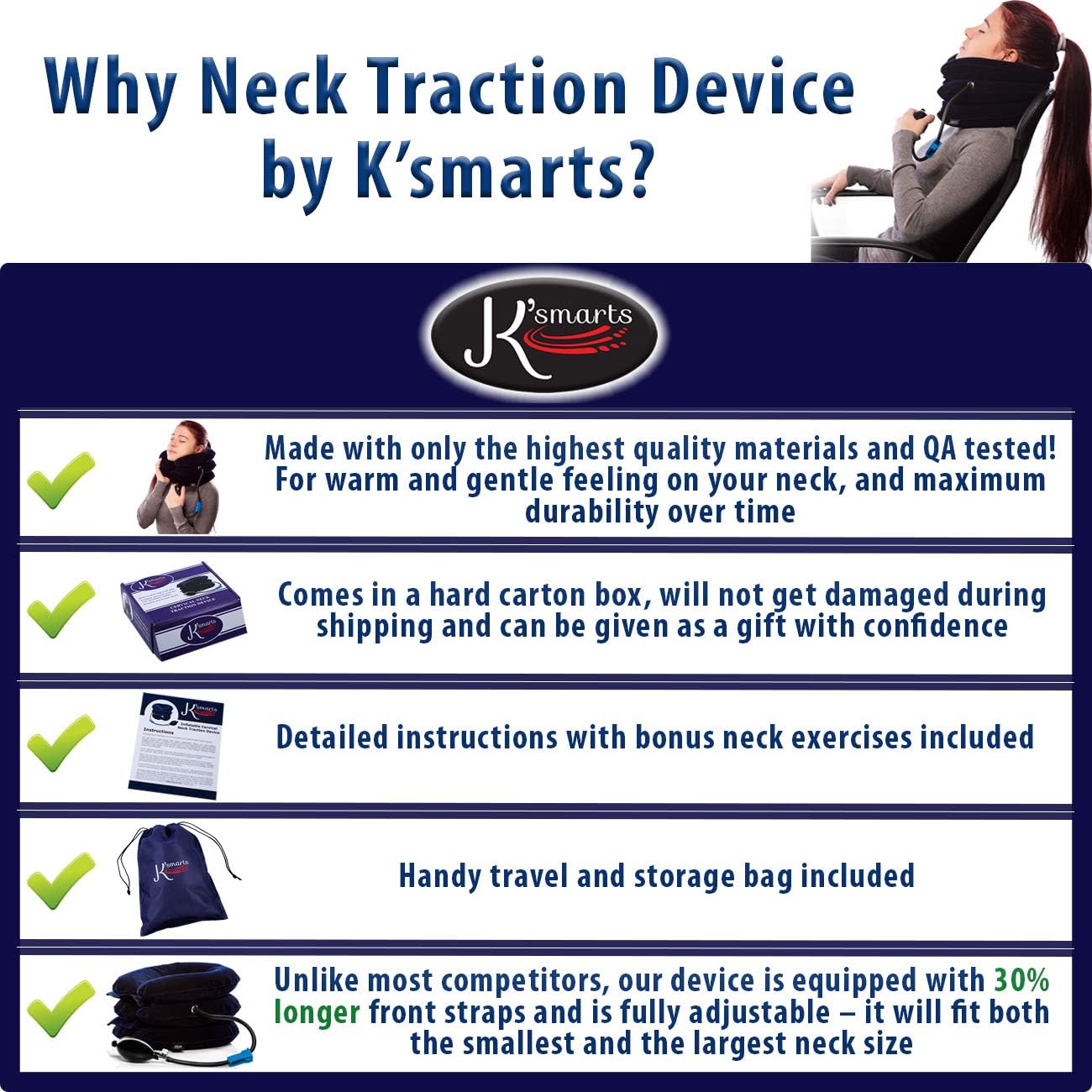 Pinched Nerve Neck Stretcher Cervical Traction Device for Home Pain Treatment | Inflatable Spinal Decompression Collar Unit Muscle Strain Injury Relief | Herniated Disc Problems Remedy Kit (Blue): Home & Kitchen