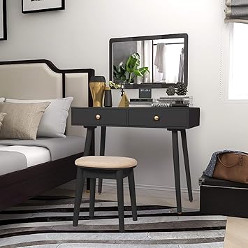 Amazon Com Vanity Table Set With Hanging 27 Mirror 2 Large Capacity Drawer Cushioning Stool Solid Oak Wooden Legs Golden Metal Handle Dressing Table Black Kitchen Dining