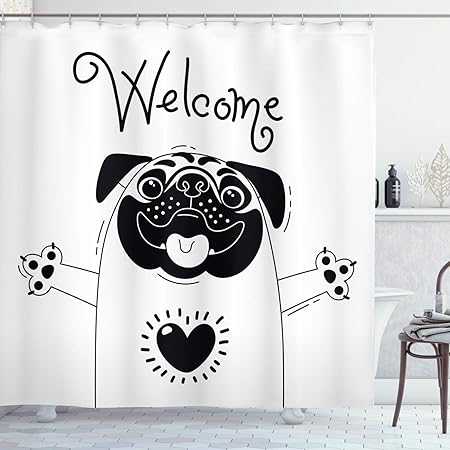 Amazon Com Ambesonne Pug Shower Curtain Cute Black And White Dog