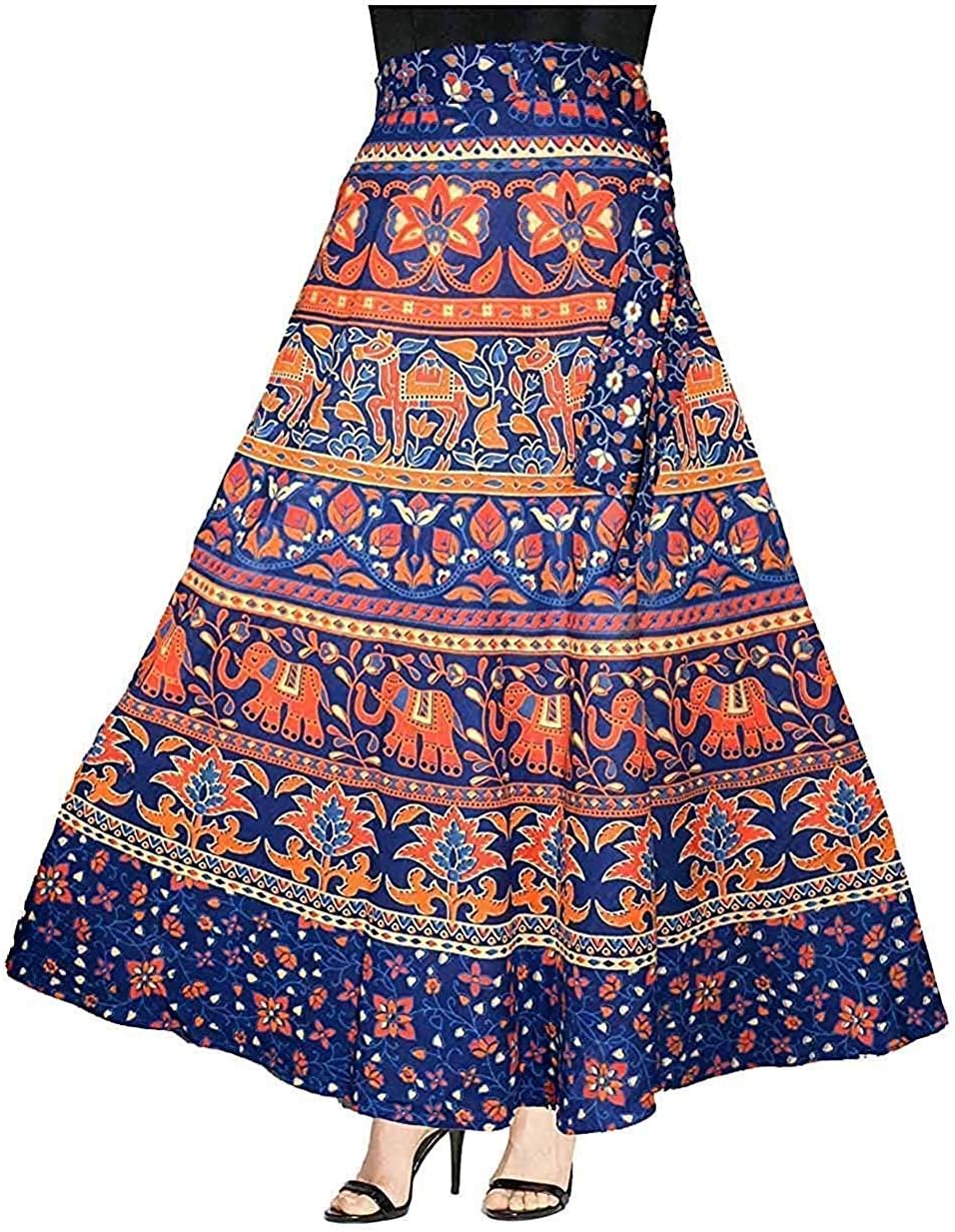 Eshopitude Cotton Jaipuri Wrap Around Skirt with Dangling Earrings for Women - Combo (Multicolour Free Size)