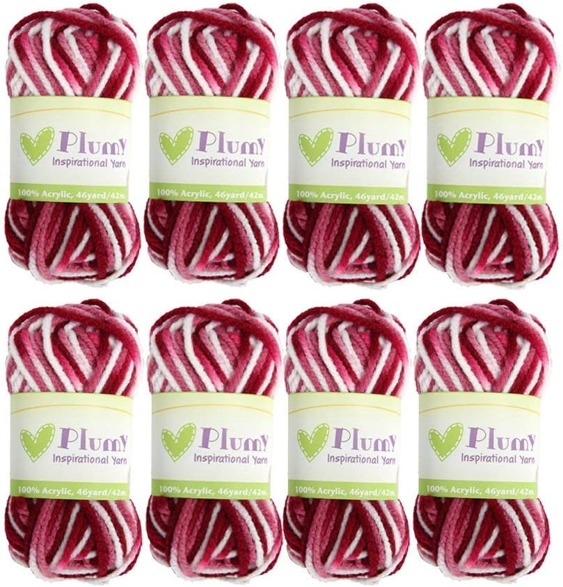 Plumy Colorful Acrylic Yarn Pack of 8 Total 370 Yards, Soft and Warm Yarns for Blanket Scarf Hats Knitting and Crochet, Handcraft gifts for Seniors, Yarn for kids (Cherry Blossom 8Pack)