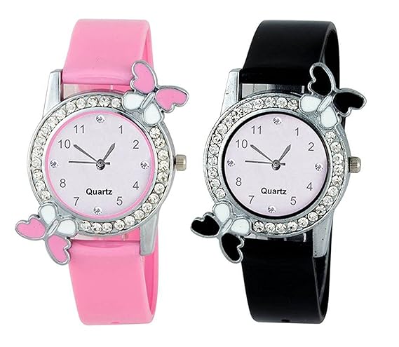 Crispy Combo Diamond Studded Pink and Black Butterfly Stylish Analog Watch for Girls & Women