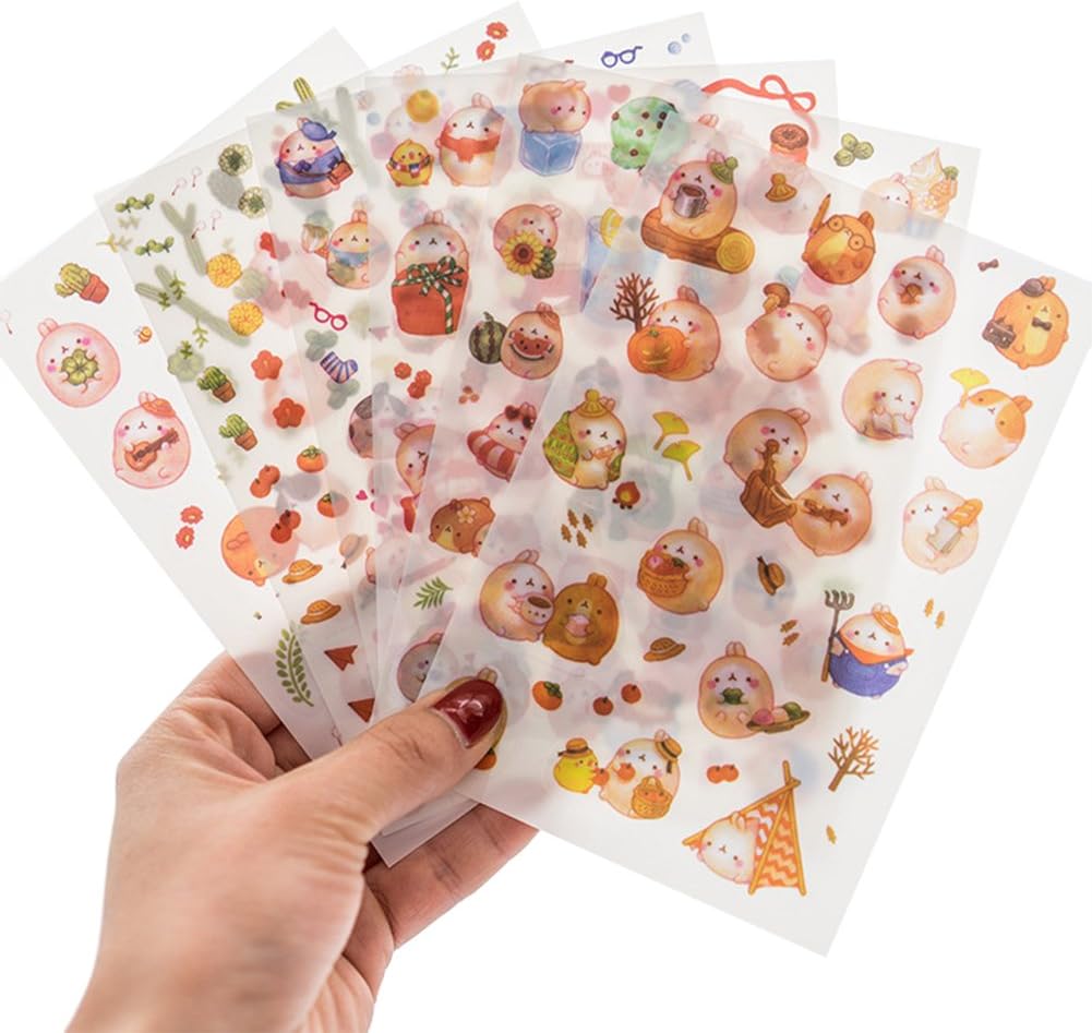 Kanggest 6 Sheets Cute Bunny Rabbit Stickers Calendar Stickers Transparent Washi Paper DIY Decoration Photo Journal Notebook Decoration Scrapbooking-Fourth Generation