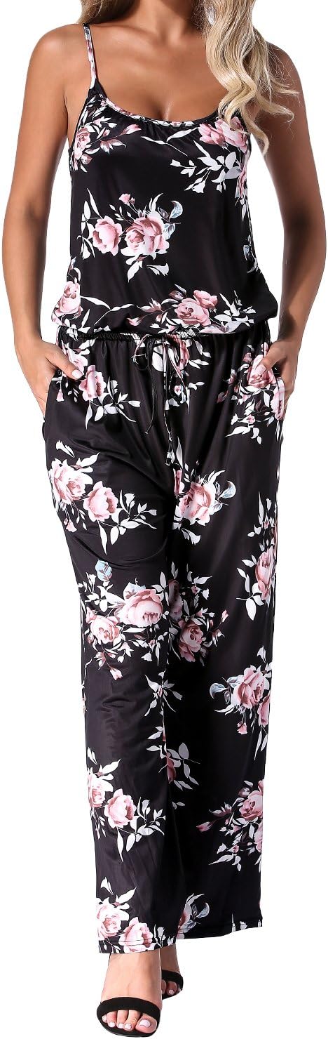 Women Floral Jumpsuit Sleeveless Strappy Loose Waist Casual Playsuit Summer Long Pants Romper