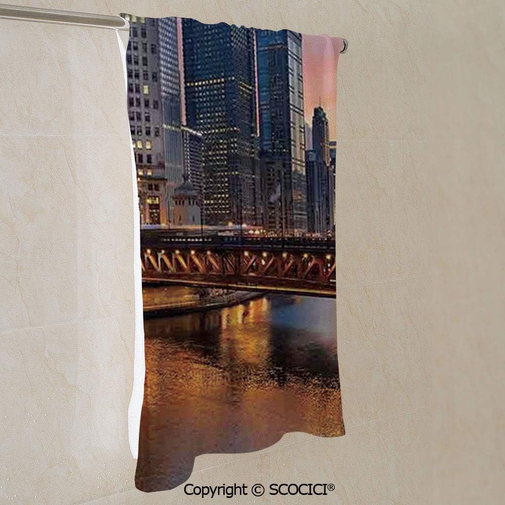 YOLIYANA Beach/Bath Towel Blanket - Usa Chicago Cityscape with Rivers Bridge and Skyscrapers Cosmopolitan City Personalized Towel for Yoga Camping Surfing Swimming Gym (27.5x55inch) Unisex - Quick Dry
