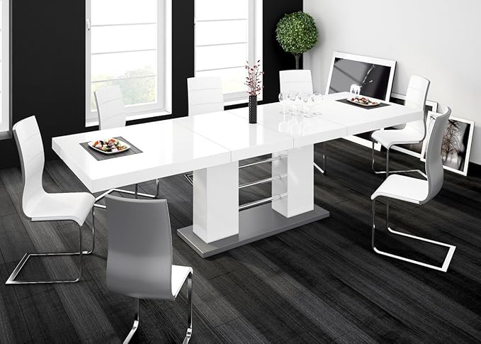 Esstisch LINOSA-2 Tisch ausziehbar in Super Hochglanz Acryl (grau hochglanz / weiß hochglanz)