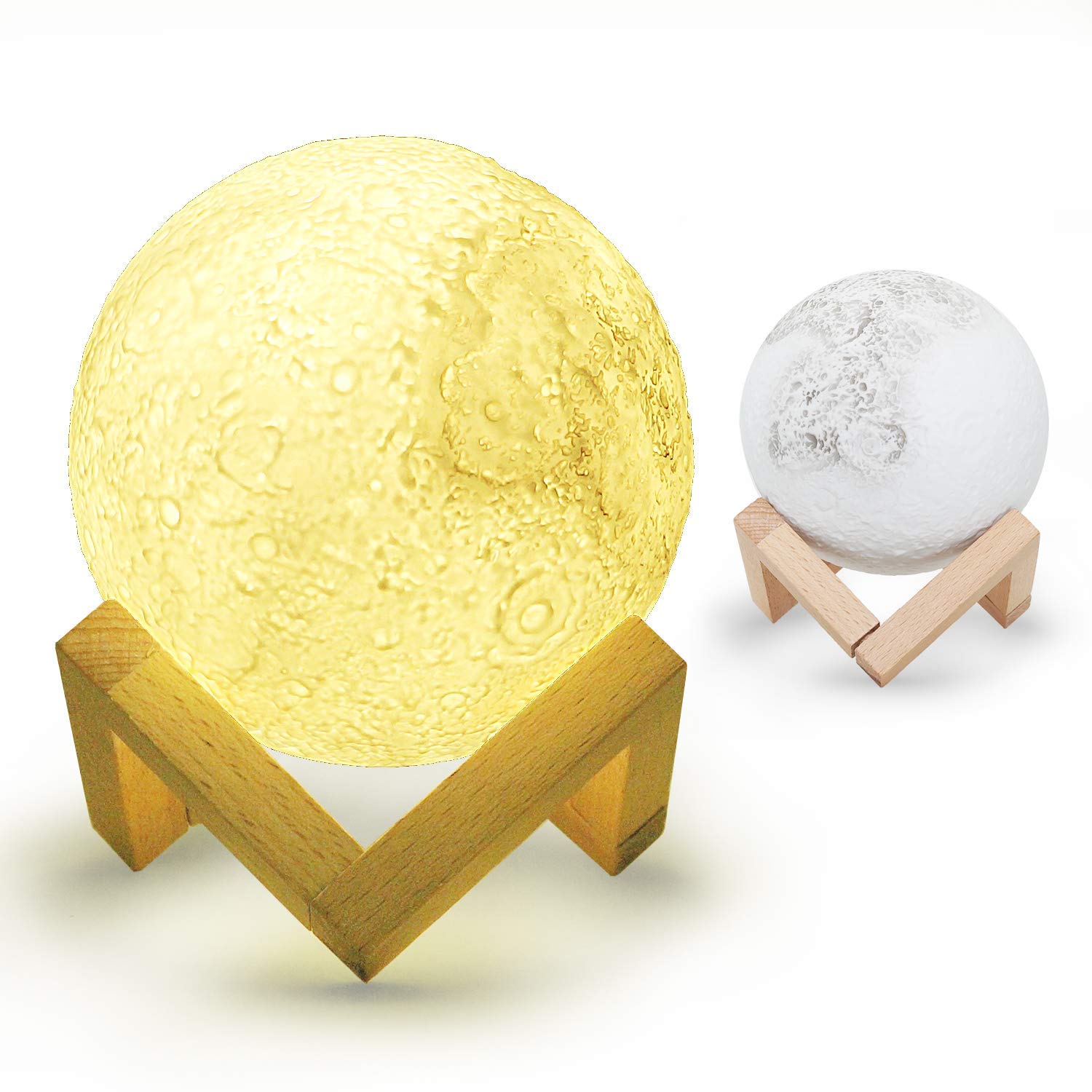 Vinmax Light LED 3D Printing Moon Lamp, Night Warm and Cool White Dimmable Touch Control Brightness with USB Charging, Home Decorative Light with Wooden Base