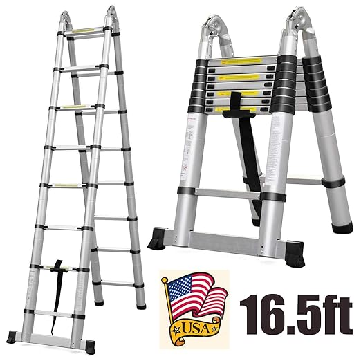 Aluminum Telescoping Extension Ladder 330 Pound Capacity 16.5 Feet 16 Folding Steps AFrame 2.5m