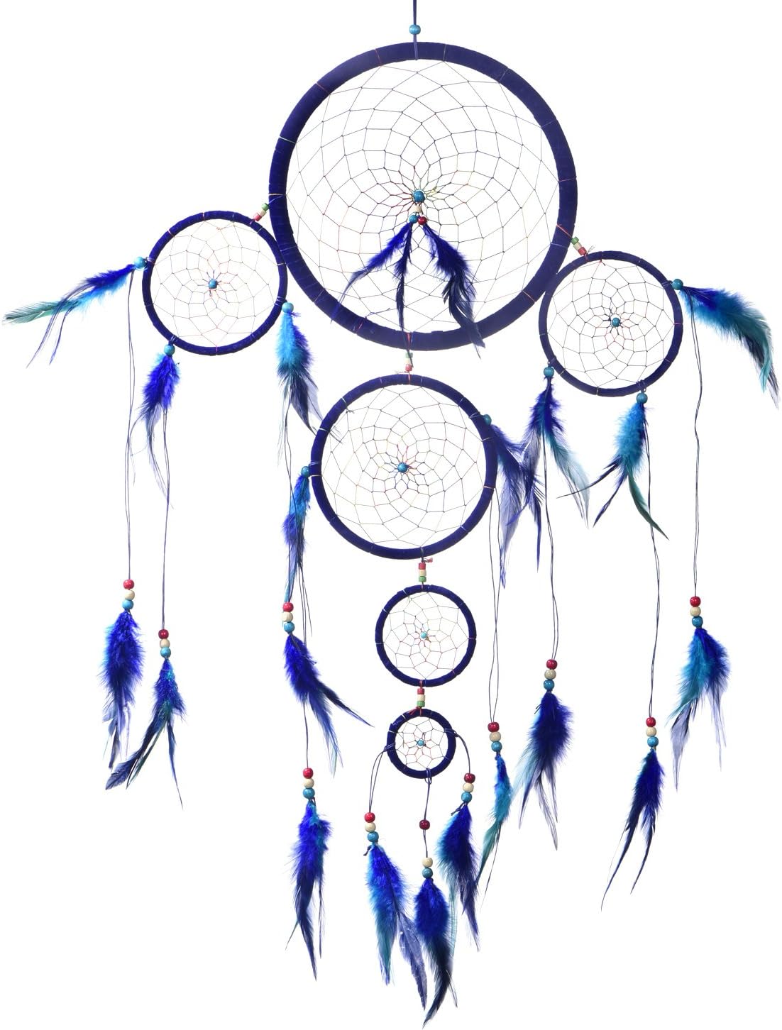 Big XXL Size Dreamcatcher for Good Dreams with Pearls and Real Feathers Blue with Rainbow Colours Ø 11.02" - 28 cm