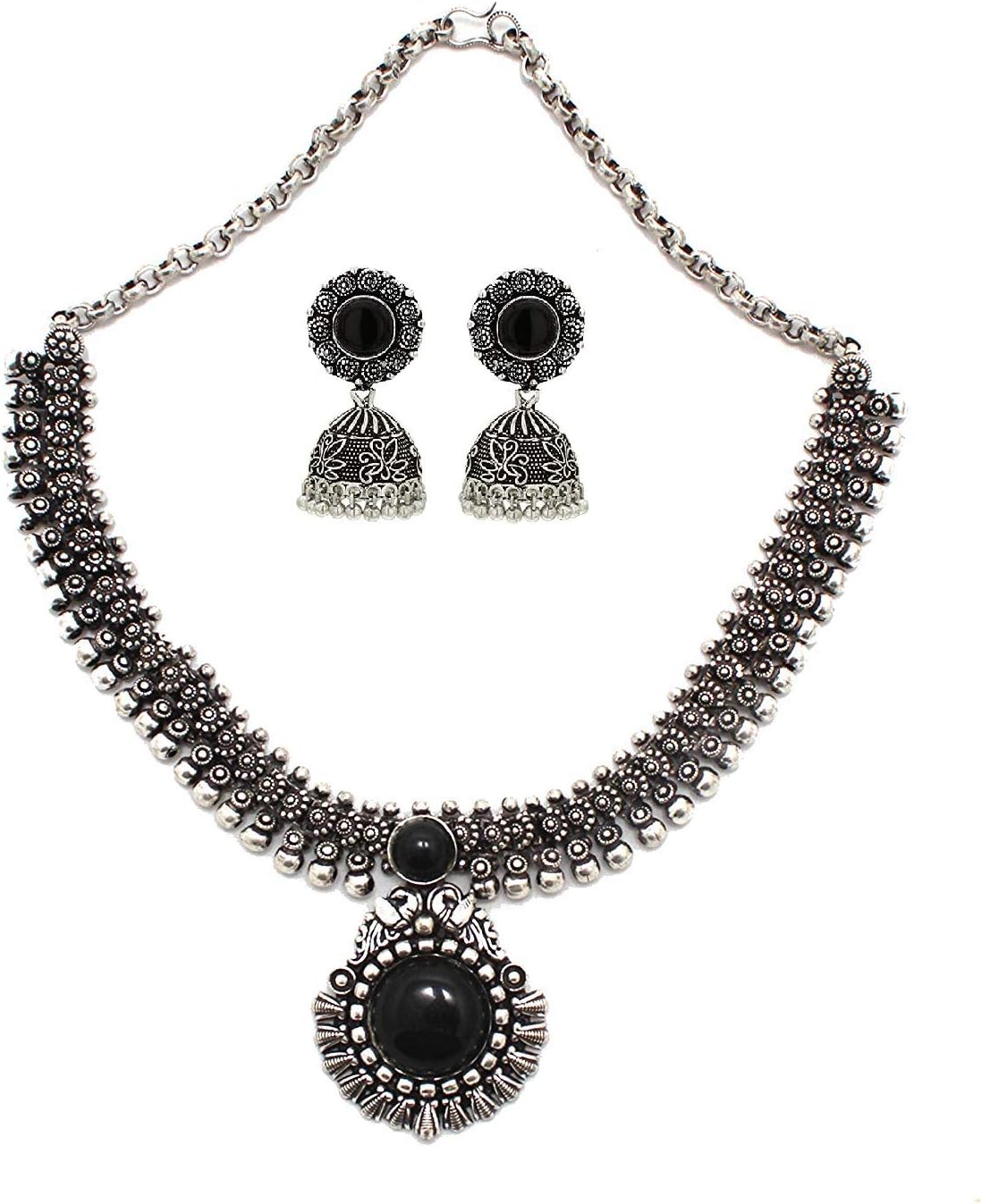 Anigalan - Stone Choker Oxidized German Silver Necklace with Jhumki for Women and Girls