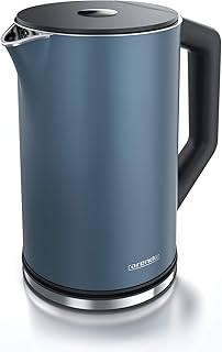 Arendo - Edelstahl Wasserkocher mit Temperatureinstellung 40-100 Grad in 5er Schritten - Doppelwand Design - Modell ELEGANT - 1,5 Liter - 2200 W - Teekocher mit Temperaturanzeige - GS - Admiralsblau