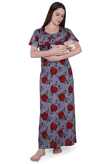 Women's Cotton Feeding Nighty/Maternity Nighty/Nursing Nighty for Post & Pre Pregnancy Wear with Zip - Free Size