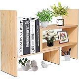 Flexzion Natural Wooden Desktop Shelf Wood Caddy Desk Organizer Set Office Storage Adjustable Expandable Tabletop Accessory Sorter Bookcase Display Stand Rack (Beige)